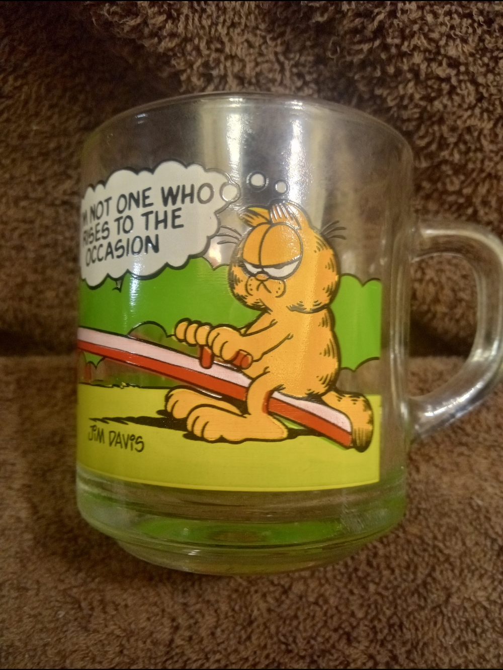 McDonald's Garfield Glass Mug with Yellow and Green Cartoon Graphics